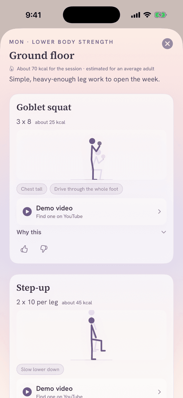 Monday's session: goblet squat, 3 by 8, with its cues