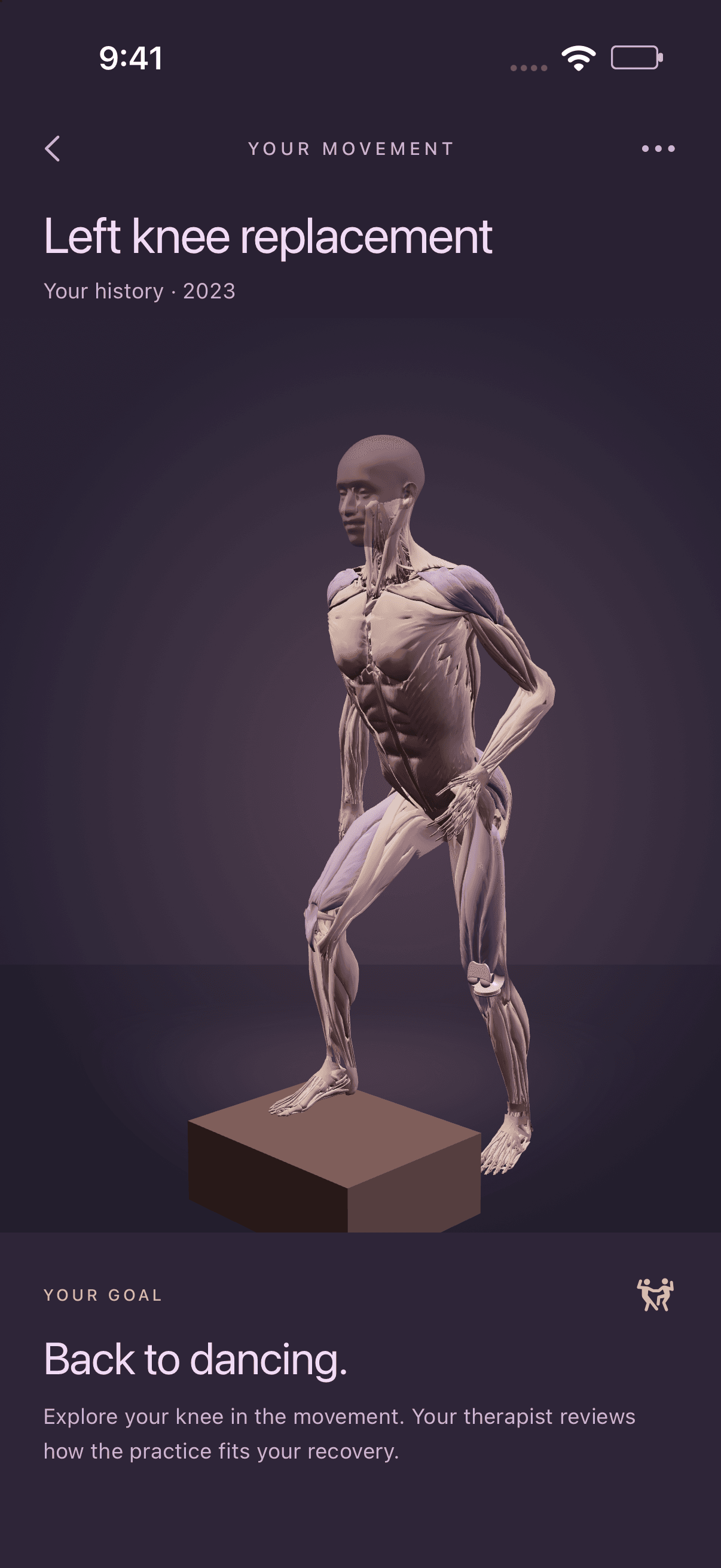 Alodaptive iOS design preview: left knee replacement, grounded left foot, and the goal of returning to dancing